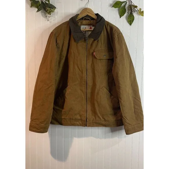 Levis XL Garment Washed Quilted Jacket With Corduroy Collar & Pockets Brown